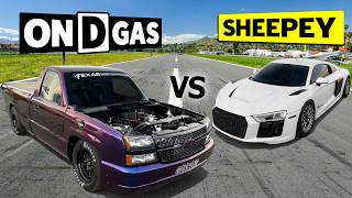 Drag Race TITANS Duke it out ONDGAS 1500hp Twin Turbo Silverado vs SheepeyRaces 1200hp R8 [upl. by Kienan138]