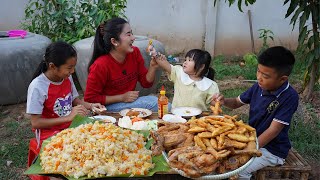 Yummy crispy chicken and sweet potato chip cooking  Mother and children cooking [upl. by Ibrik236]