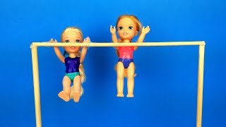 Elsa and Anna toddlers learn gymnastics  new tricks  Barbie is the coach  exercises [upl. by Wilhelmine]