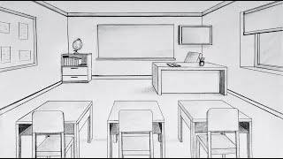 How to draw a classroom in one point perspective timelapse [upl. by Er]