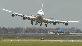 BOEING 747 CROSSWIND LANDINGS during a STORM at Amsterdam 4K [upl. by Stanwinn]