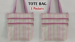 DIY TOTE BAG TUTORIAL  3 POCKETS  Shopping Bag Sewing Tutorial  Cloth Bag  Bag Making [upl. by Flanna]