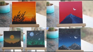 5 Paintings For Beginners  Complete Guide on Blending Techniques  Painting on 5 Tiny Canvases [upl. by Yesdnyl718]