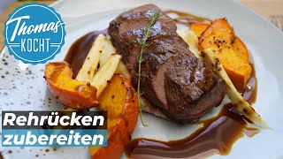 Rehrücken mit KartoffelSelleriepüree Ofengemüse und einer super dunklen Bratensoße [upl. by Lombardi]