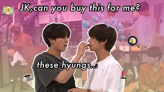 Jungkook acting like the hyung of BTS  quotJungkookah can you buy this for mequot [upl. by Enoval818]