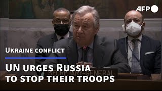 UN chief tells Putin Stop your troops from attacking Ukraine  AFP [upl. by Airamak]