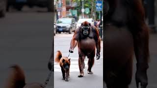 Orangutan walking dog on the street [upl. by Refinneg]