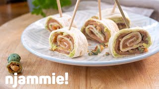 Crunchy wraprolletjes met zalm avocado en wasabinootjes Recept  njammie [upl. by Einahpet]