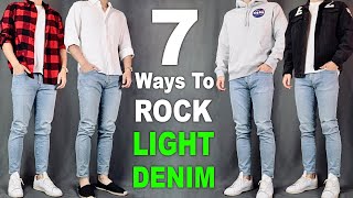 7 Ways To ROCK Light Wash Jeans  Men’s Outfit Ideas [upl. by Lemay]