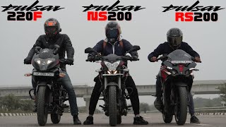 Bajaj Pulsar RS200 vs Pulsar 220F vs Pulsar NS200 Drag Race [upl. by Waldron788]