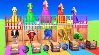 5 Giant Duck Cartoon With Paint Animals Cow Elephant Buffalo Gorilla Tiger Dinosaur Long Slide Game [upl. by Nuj]