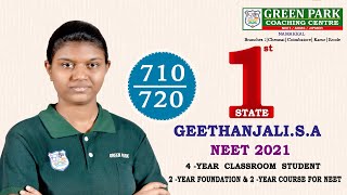 NEET UG 2021 TN TOPPER GEETHANJALI S A  710720 STATE FIRST GREEN PARK COACHING CENTRENAMAKKAL [upl. by Ynor]