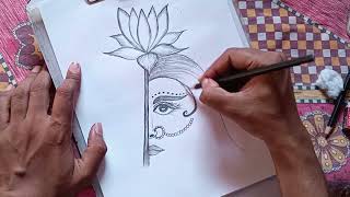 Laxmi Mata half face with lotus flower drawing sketch diwali drawing art [upl. by Magen]