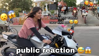 Girl Riding Yamaha R15 V4 M  Public Reaction 😱 Harley vs Yamaha V4 😧 MT Girl Purvi 👩🏻‍🎤 [upl. by Itsirk267]