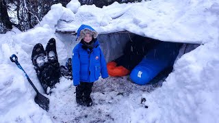 Survival Shelter Winter Camping in Blizzard  Deep Snow Camping in Alaska [upl. by Merras302]