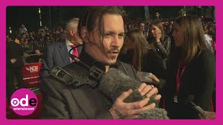 Johnny Depp FONDLES Fluffy Mic at Black Mass Premiere [upl. by Dnomsad]