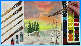 HOW TO PAINT A SUNSET WINTER LANDSCAPE EVERGREEN TREESCABIN amp SNOW IN WATERCOLOR [upl. by Onitnas]