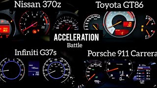 Nissan 370z Vs Toyota GT86 Turbo Vs Infiniti G37s Vs Porsche 911 Carrera acceleration battle  0200 [upl. by Henricks]