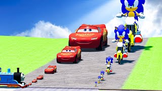 Big amp Small McQueen vs Big amp Small Sonic on motorcycle vs Thomas the Tank Engine Train BeamNGDrive [upl. by Ise]