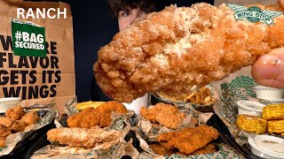 ASMR MUKBANG WINGSTOP CRISPY CHICKEN TENDERS BONELESS WINGS amp FRENCH FRIES  WITH RANCH amp CAJUN CORN [upl. by Conant177]