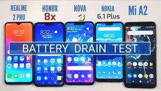 Honor 8x vs Realme 2 Pro vs Nova 3 vs Nokia 61 Plus vs Mi A2 BATTERY DRAIN TEST  TechTag [upl. by Amelia]