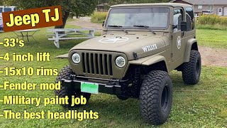 Jeep TJ 33s 15x10 rims 4 inch lift kit military paint job fender mod [upl. by Quick226]