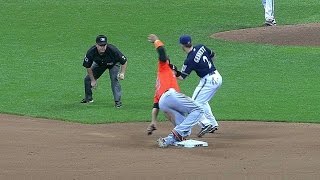 MIAMIL Stanton swipes second base vs Brewers [upl. by Kcirre491]