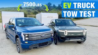 Electric Truck Tow Test 2022 Rivian R1T vs 2022 Ford F150 Lightning  Towing with Electric Trucks [upl. by Akenahc]