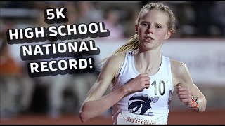 High School Sophomore Elizabeth Leachman Breaks High School 5k NATIONAL RECORD At Texas Relays 2024 [upl. by Amsirhc634]