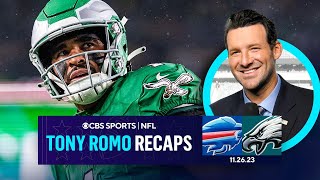 Romo Reacts as Hurts SHINES and Eagles OUTLAST Bills in OT  Game Recap  CBS Sports [upl. by Meesaw]