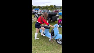 Cute Mod girl starts amp rides her Vespa 90 up Kop Hill Climb [upl. by Nnylidnarb470]