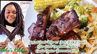 Jerked Pork Ribs with Jerk BBQ Sauce  Stirfried Vegetable Medley Garlic Butter Parmesan Corn [upl. by Kinzer828]