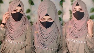 Cute 🥰 Hijab Styles With Layers  Very Easy And Stylish Layer Hijab Tutorial With Mask [upl. by Akeim539]