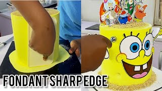 HOW TO ACHIEVE SHARP EDGE ON FONDANT CAKE  SpongeBob Cake [upl. by Abeh406]