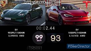 2024 PORSCHE TAYCAN TURBO S 952PS VS TESLA MODEL S PLAID 1020PS ACCELERATION 0250KMH [upl. by Enilauqcaj]