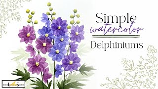 Watercolor Delphinium Flowers How to paint easy flowers using angle brush [upl. by Teirrah183]