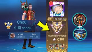 TOP GLOBAL CHOU SOLO RANK IMMORTAL NO EDIT FULL GAMEPLAY NO CUT NO EDIT  Mobile Legends [upl. by Yentihw]