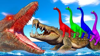 Rescue Brachiosaurus Crocodile Tyrannosaurus Rex From Mosasaurus in Animal Revol Battle Simulator [upl. by Modestine]