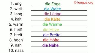 Adjektive und Nomen eng Enge weit Weite lang Länge kalt Kälte warm Wärme heiß Hitze breit Bre [upl. by Lenhart]