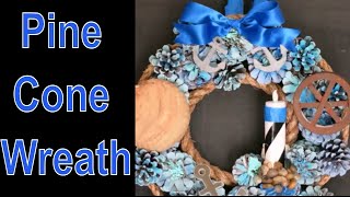 DIY Pine Cone Wreath Tutorial Nautical Theme Lights Up Sailing Lighthouse Craft How To Hey Maaa [upl. by Esyahc]