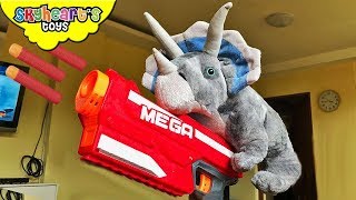 DINOSAUR PLUSHIE ATTACKS TODDLER  Triceratops Nerf War Dinosaur Toys for kids Skyheart [upl. by Lihkin652]