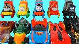 HOT WHEELS THOMAS AND FRIENDS JUSTICE LEAGUE SUPERFRIENDS SUPERHEROES RACE AND CRASH [upl. by Prober936]