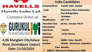 Jaipur me Havells India Ltd Interview 21 Oct 2024 at Gurukul Pvt ITI Govindpura Jaipur Rajasthan [upl. by Azrim431]