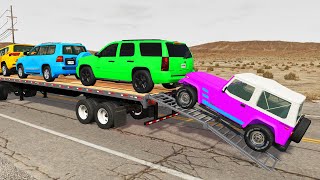 Double Flatbed Trailer Truck vs Speedbumps Train vs Cars  Tractor vs Train BeamngDrive 28 [upl. by Sherborn]