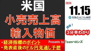 ドル円見通しズバリ予想、３分早わかり「米国10月小売売上高輸入物価指数」2024年11月15日発表 外為ドキッ [upl. by Siro]