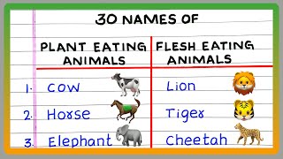 PLANT EATING AND FLESH EATING ANIMALS  10  20  30 NAMES OF PLANT EATING AND FLESH EATING ANIMALS [upl. by Ijies]