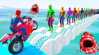 الأبطال الخارقين على القضبان دوامة قمع جسر  SPIDERMANon Motorcycle in Spiral Bridge Stunt Ride [upl. by Beverlie697]