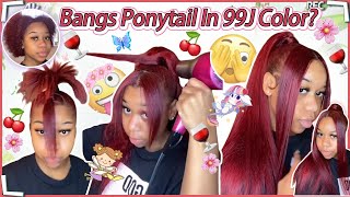 🍒Extended High Ponytail On Natural Hair  99J Burgundy Weave  Two Bangs ULAHAIR [upl. by Asiral]