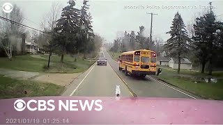 Dramatic footage shows truck narrowly miss school bus as brakes fail [upl. by Keane]