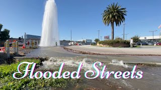 4K Flooded Streets Broken Fire Hydrant Creates Towering Water Column [upl. by Merrilee157]